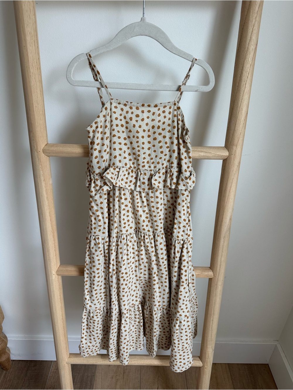 Girls Beige & Brown Polka Dot Tiered Dress